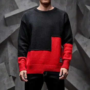 

New Arrival Male Sweaters Hit Color Patchwork Mens Sweater Round Neck Knitted Long Sleeve Pullover Keep Warm Male Sweaters