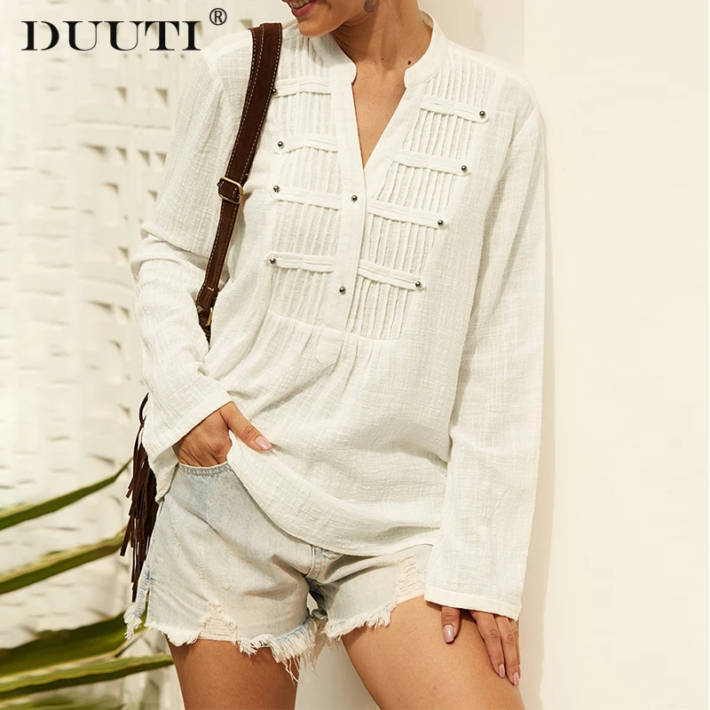 

Women's Autumn Blouse Cotton Linen Blouse Fashion Casual Long Sleeve Tops Solid Pockets Mandarin Collar Summer Tee D30