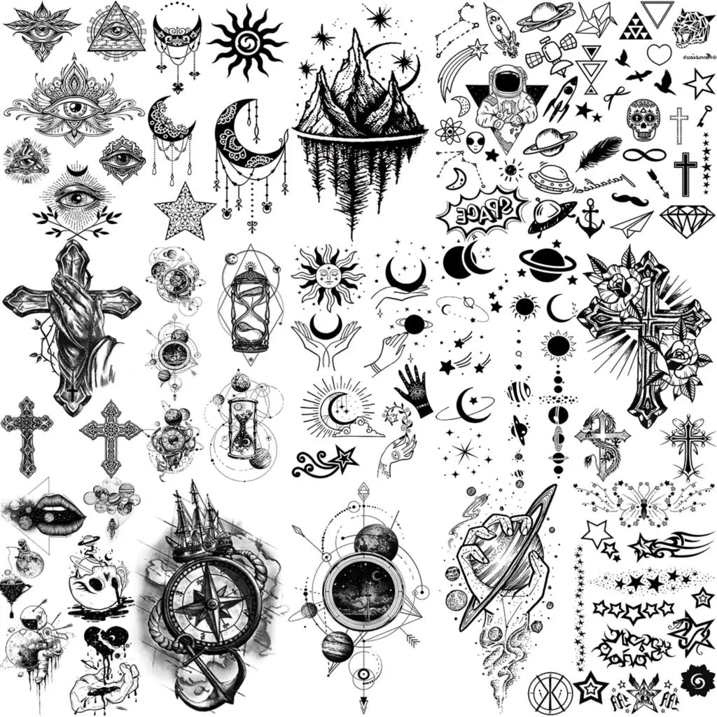 

Временные татуировки 3D черные звезды луна солнце для женщин и мужчин, перекрестные горы, компас, Вселенная, искусственная татуировка, маленькие тату-наклейки