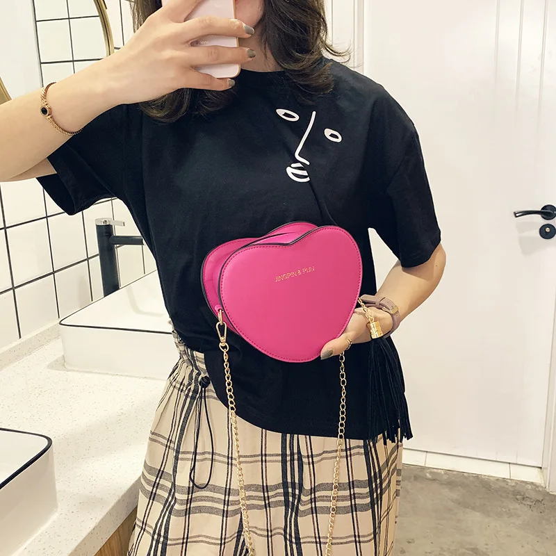 

2019 New Style Korean-style Pu Solid Color Simple Heart Bag Chain Women's Casual Shoulder Bag Fashion Stereotypes WOMEN'S Bag