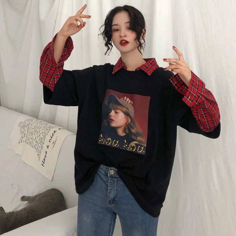 Женские толстовки в Корейском стиле Ulzzang Harajuku модная женская толстовка пэчворк