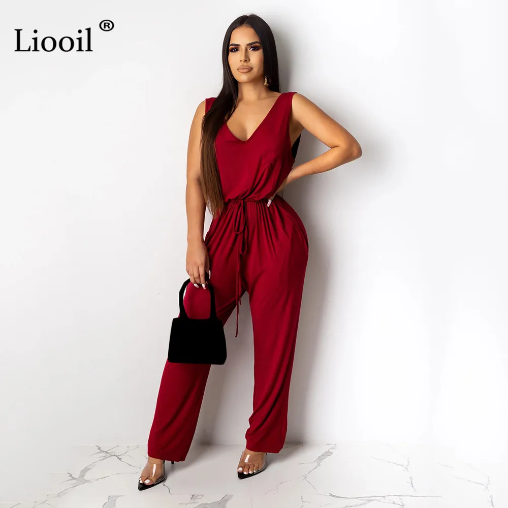 Liooil, сексуальные Свободные Комбинезоны для женщин, Осень-зима, без рукавов, v-образный вырез, шнуровка, вечерние, Клубные комбинезоны, женский комбинезон, комбинезоны