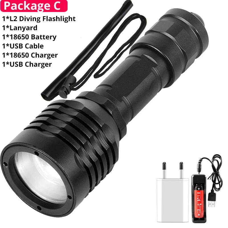 Package C Светильник для подводного плавания 200 м L2 IP8 Водонепроницаемый 3 режима USB СВЕТОДИОДНЫЙ светильник-вспышка для дайвинга кемпинга 18650 - Испускаемый цвет: Package C