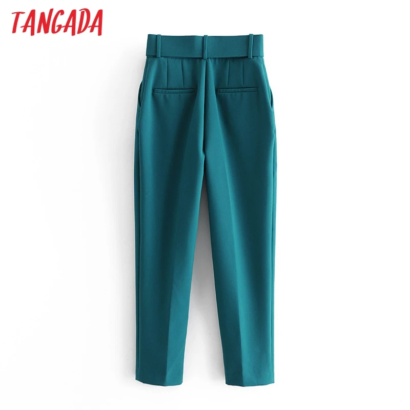 Tangada 2020 Autumn Winter green suit pants woman high waist pants sashes pockets office ladies pants fashion solid pants 6A22