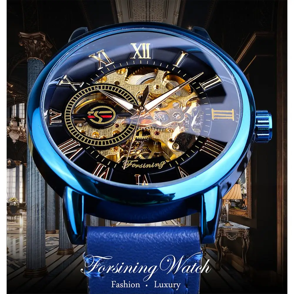 Forsining-Reloj mecánico para Hombre, accesorio masculino de pulsera resistente al agua con correa de cuero genuino, diseño analógico ultrafino, color azul, estilo Casual y deportivo - Imagen 2
