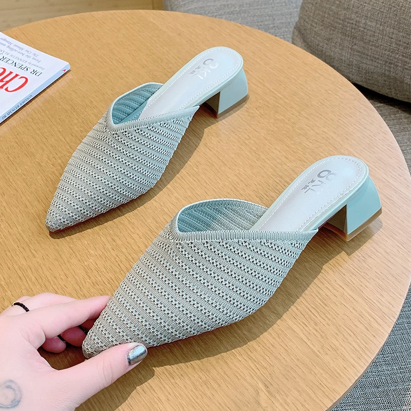 

Women's fashion spring high-heeled slippers Net surface Solid color Pointed concise elegant sandals Spring trend slippers U30-21
