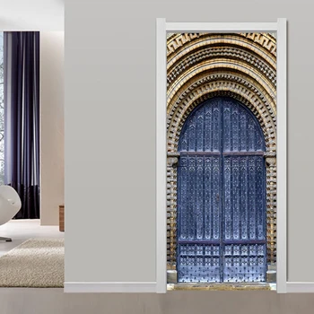 

European Style Retro Arch Wallpaper Door Mural 3D Creative Living Room Bedroom Home Door Poster PVC Waterproof Blue Door Sticker