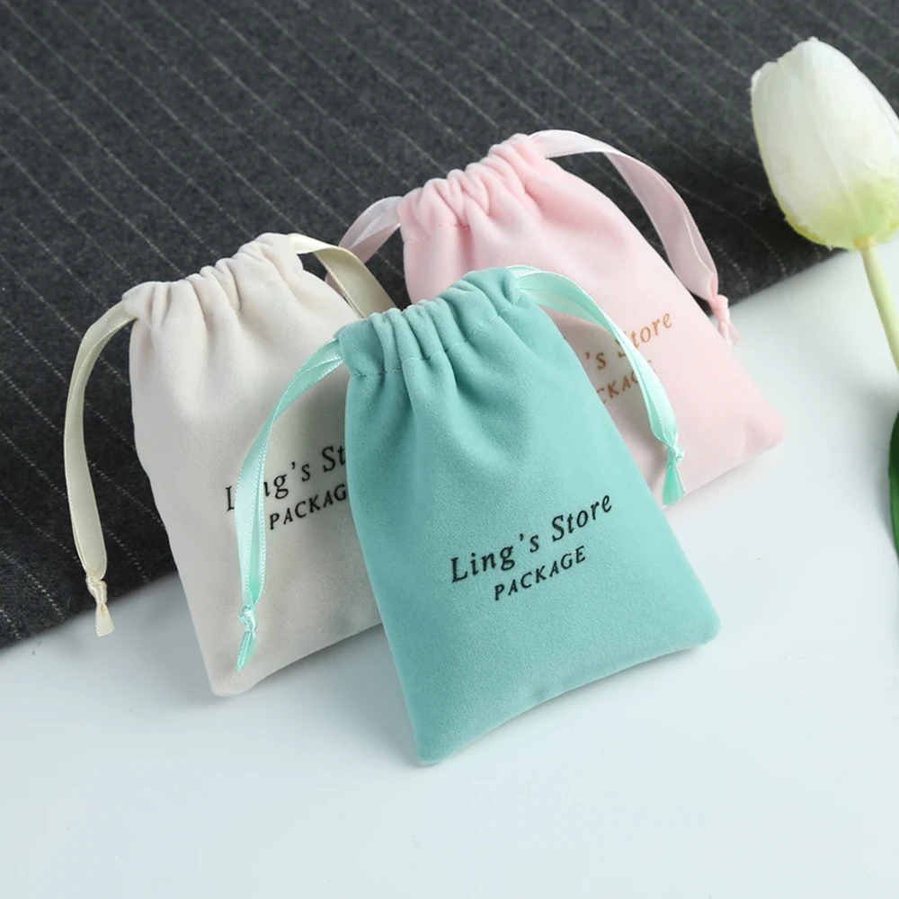 Thick Velvet Jewelry Bag Drawstring with Ribbon Small Pouches for Wedding Party Candy Bag Earring Packing Organizer Custom