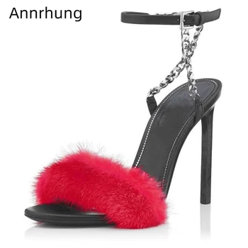 

Chained Ankle Strap Gladiator Sandals Women 10cm Thin Heels Sexy Red Fur One-strap High Heel Summer Shoes Woman
