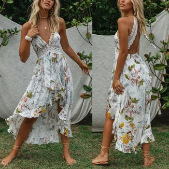 

Dress Women Backless Lace Sexy Sling Print V Neck Ruffle Sleeveless Beach Long Dress Women Clothes Sundress Bohemia Dress
