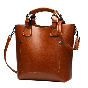 

Women Casual Handbags Oil Wax Leather Female Shoulder Bag Ladies Vintage Crossbody Bags Big Tote(Brown)