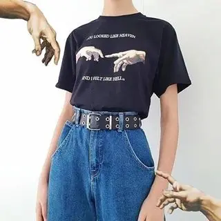 

sunfiz HJN Summer Women Tops You Looked Like Heaven and I Felt Like Hell Michaelangelo the Last Judgement Hands Printing T Shirt