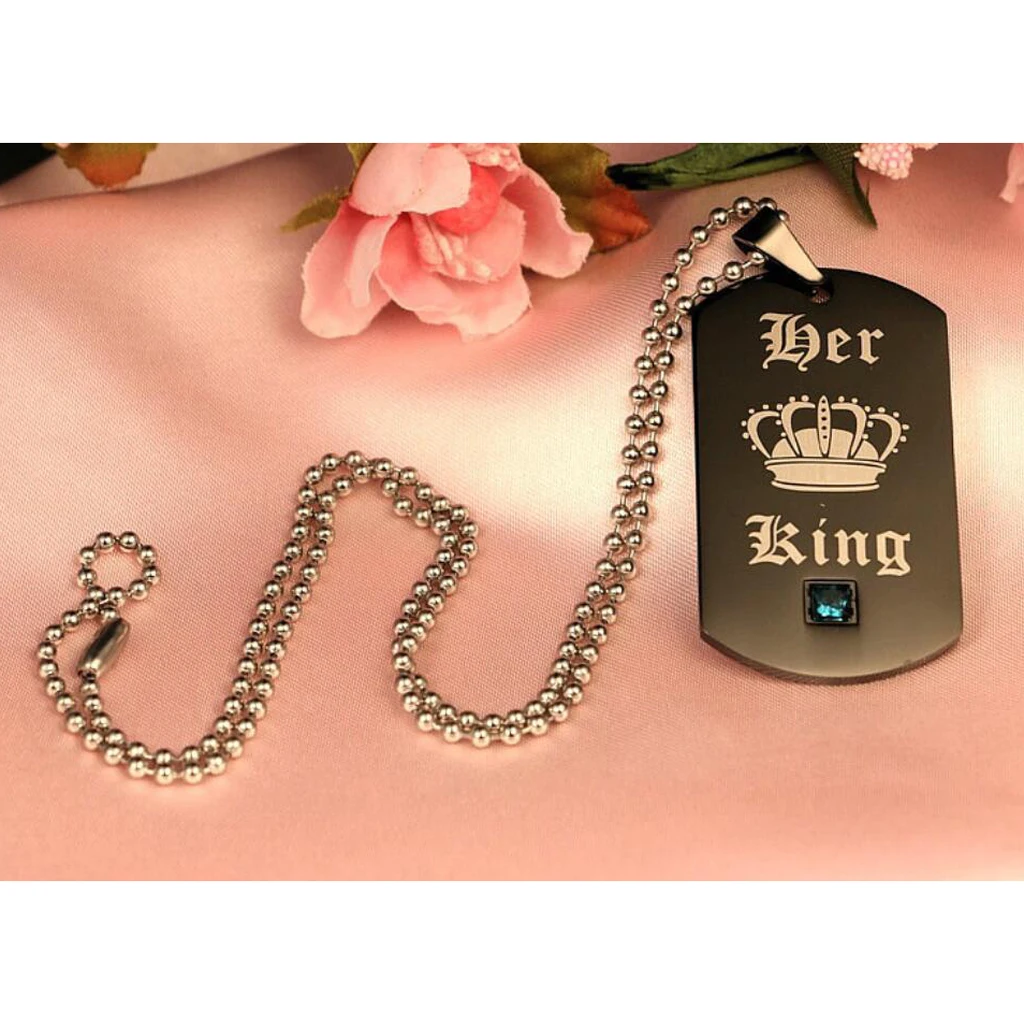 Black Stainless Steel Tag with Crown Couple His Queen Her King Pendant Ball Chain Necklace