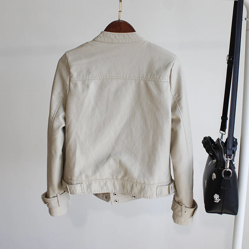 

European Style Stand Collar Pu Leather Jacket New Fashion Motorcycle Faux Leather Jackets Women Short Slim Black Coats LX12