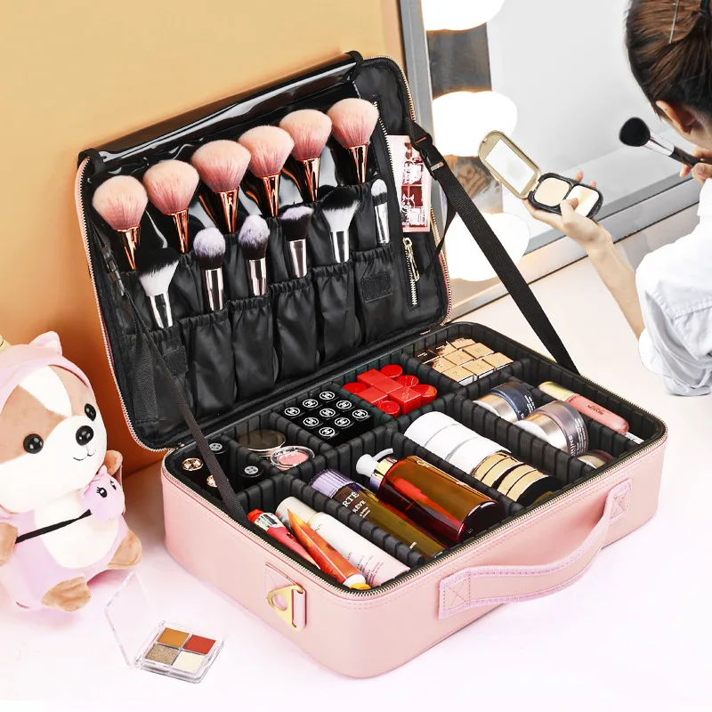 Cosmetics Case Suitcases Large Make up Storage Box Pink Organizer Waterproof Leather Professional Makeup Bag Travel Toiletry | Дом и сад