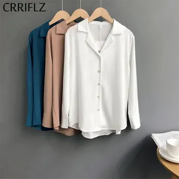 

Loose Full Length Chiffon Shirts Women Single Breasted Turn Down Collar Blouse Top Spring New Solid Women Blouse Shirts CRRIFLZ