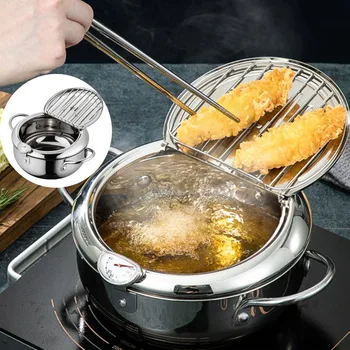 

Durable Stainless Steel Cooking Fryer Pot Oil Drip Rack High Temperature Resistance Frying Pan with Thermometer Kitchen