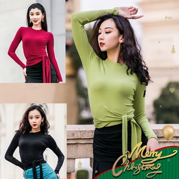 

New Latin Dance Tops Women Long Sleeve Top For Dancing Wear Team Uniform Ballroom Shirt Practice Dance Clothes For Salsa Red Top