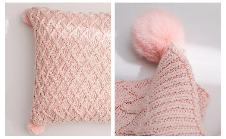 Pink Grey Cotton Plaid Knitted Blanket &Amp; Cushion Cover