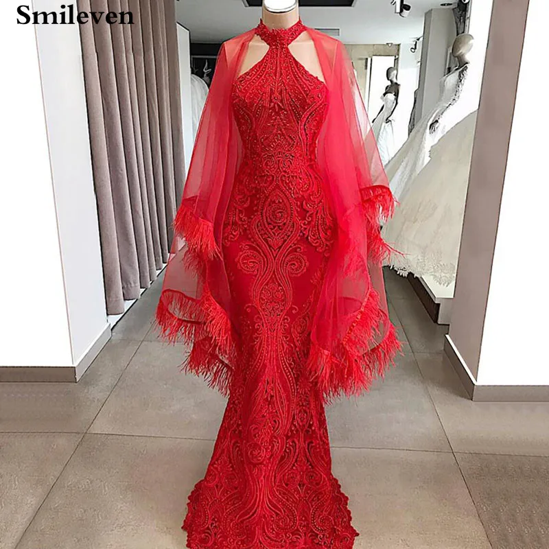 Smileven Красное Кружевное роскошное 3D кружевное вечернее платье с высоким воротом, платье для выпускного вечера, vestido de festa, официальное вечернее платье