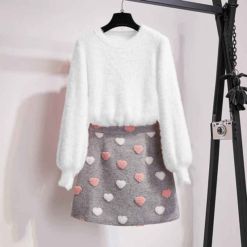 Милый розовый мохеровый свитер, юбка, костюм, Осень-зима, мягкий норковый мех, теплый Свободный пуловер, комплект из 2 предметов+ шерстяная юбка с узором Love - Цвет: Белый