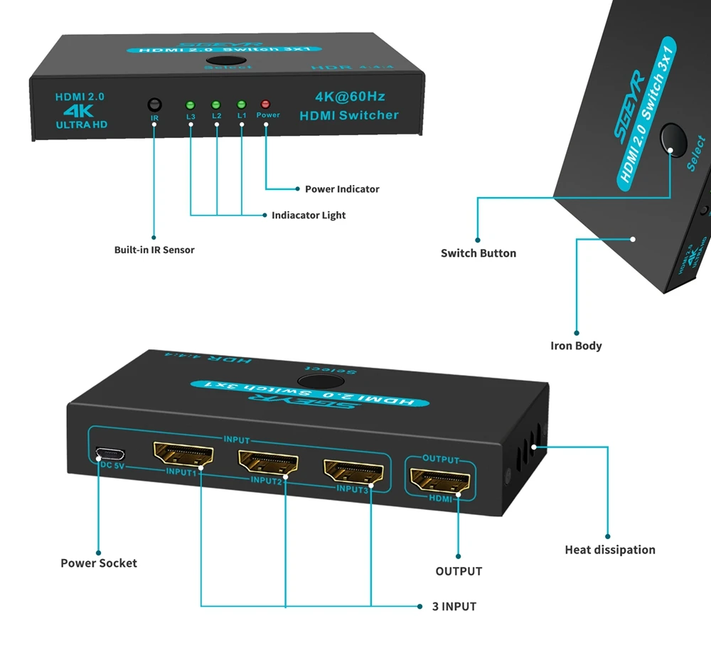 SGEYR 3 в 1 выход HDMI коммутатор 4 к 2,0 60 Гц HDMI коммутатор адаптер 3x1 HDMI сплиттер с ИК-пульт дистанционного управления переключатель для xbox HDTV PS4