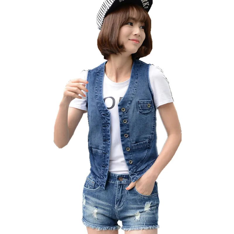 

Vintage Autumn Women Soft Sleeveless Denim Jacket Button Slim Short Plus Size Vest Female Jeans Waistcoat
