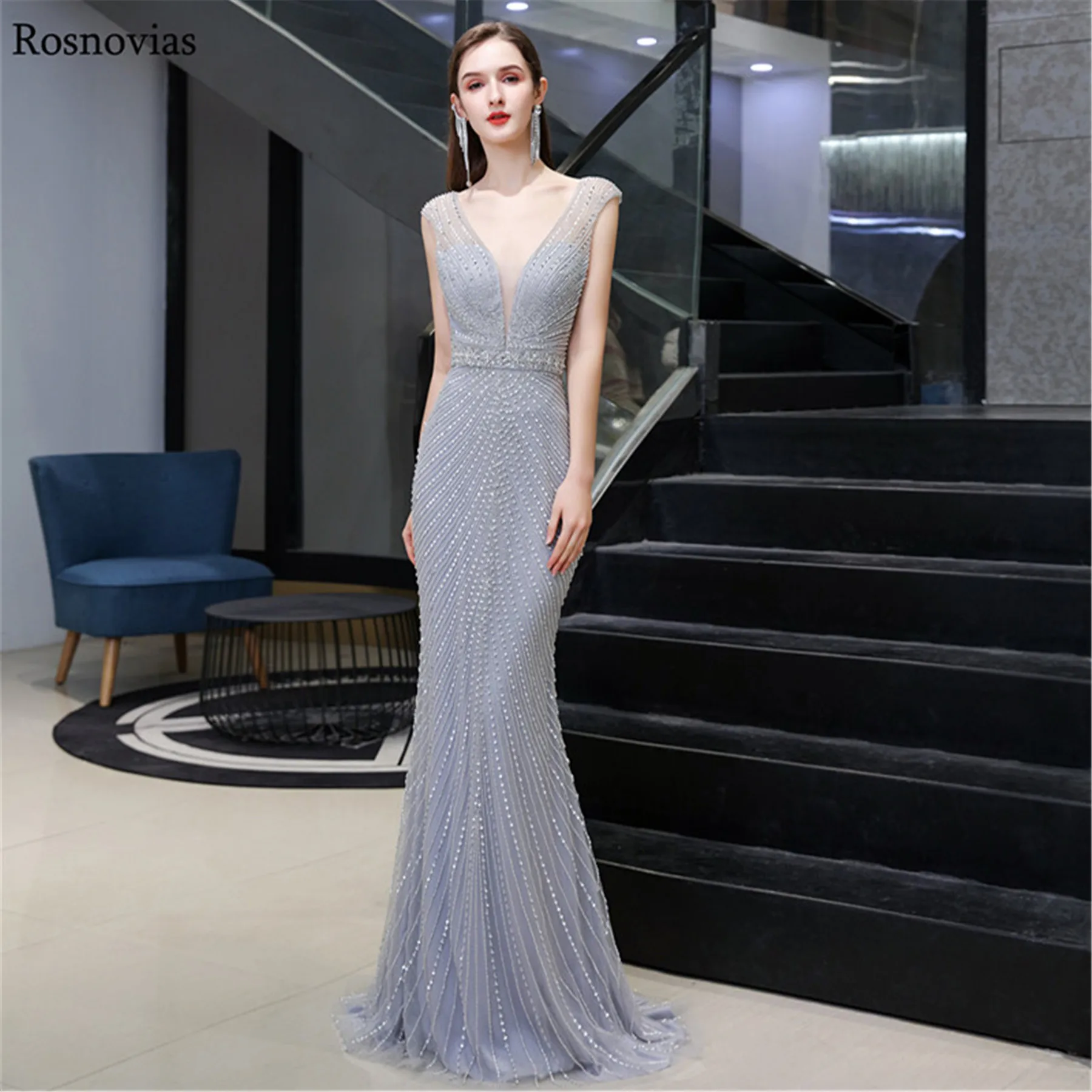 

Luxury Prom Dresses 2020 Sleeveless Deep V Neck Open Back Beaded A Line Evening Party Dresses Formal Gowns Vestidos De Fiesta