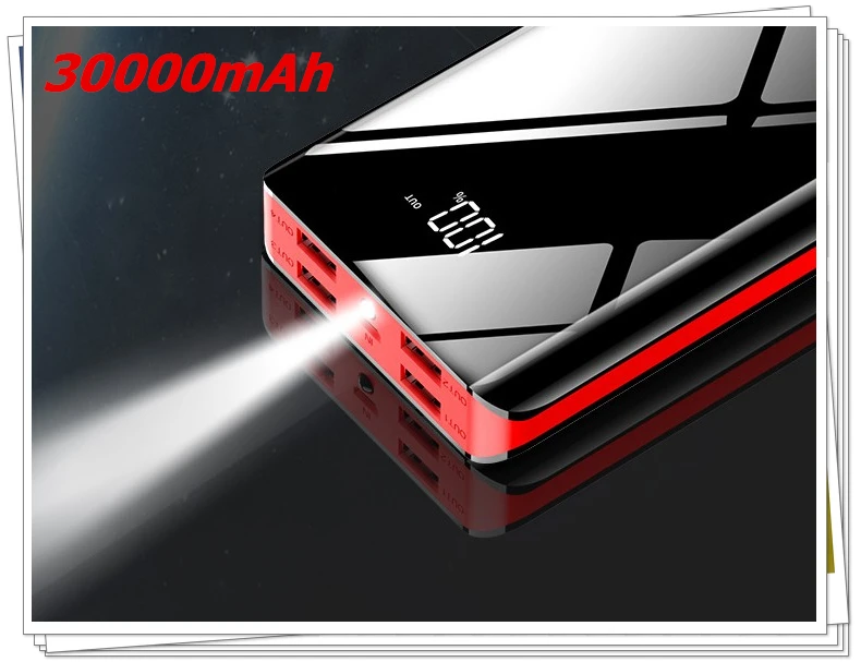 30000 мАч 2A 4USB мини внешний аккумулятор с зеркальным экраном Светодиодный дисплей Внешнее зарядное устройство для Iphone samsung Внешний аккумулятор