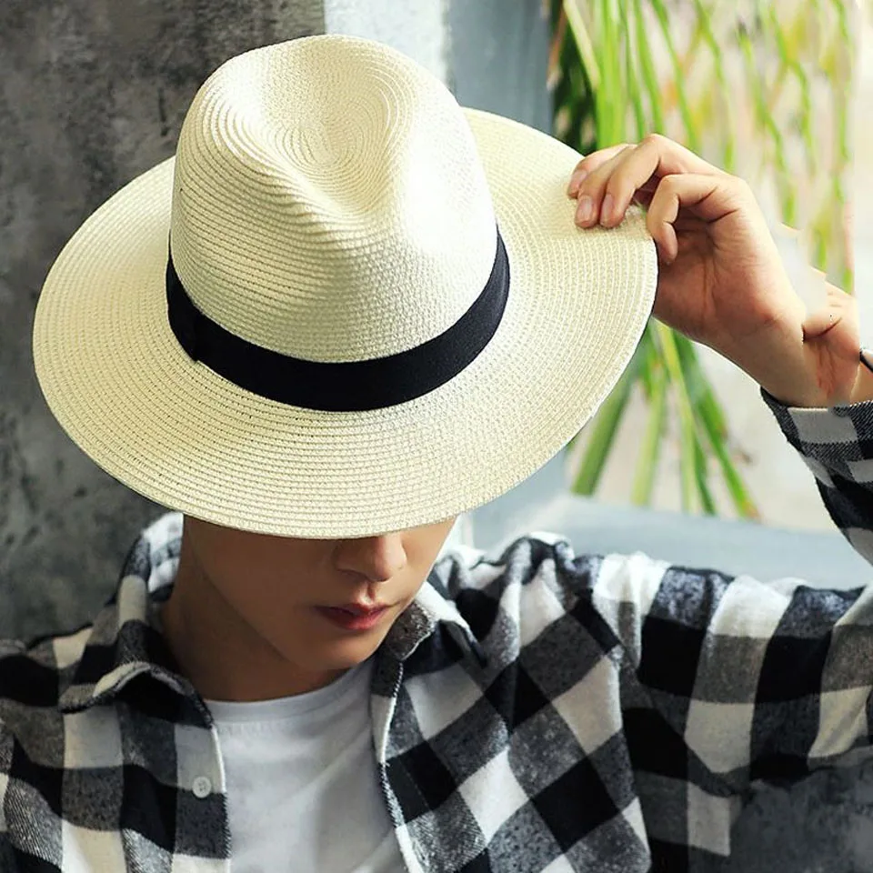 

Summer Unisex Sun Hat Casual Vacation Panama Straw Hat Women 56-60CM Wde Brim 7CM Beach Jazz Men Hats FoldableÂ Floppy Fedora Cap
