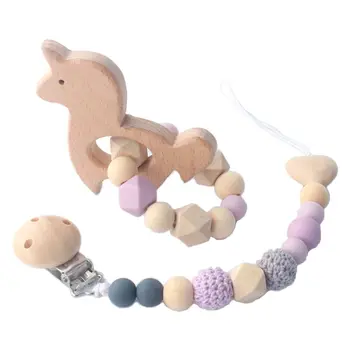 

2Pcs/set Wood Baby Teeth Chew Toys Silicone Nipple Chain Teething Bracelet Toy U50F