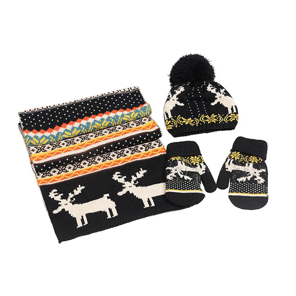 Новая мода шарф шапка и перчатки наборы для женщин Рождество Лось снежинка теплые наборы студенческие акриловые теплые комплекты из трех предметов - Цвет: Black