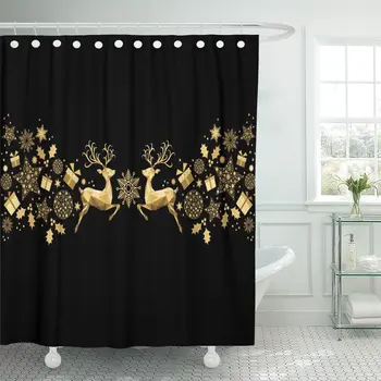 

Christmas Golden Happy New Year Gold Xmas Jumping Reindeer Shower Curtain Waterproof Polyester Fabric 60 x 72 inches Set