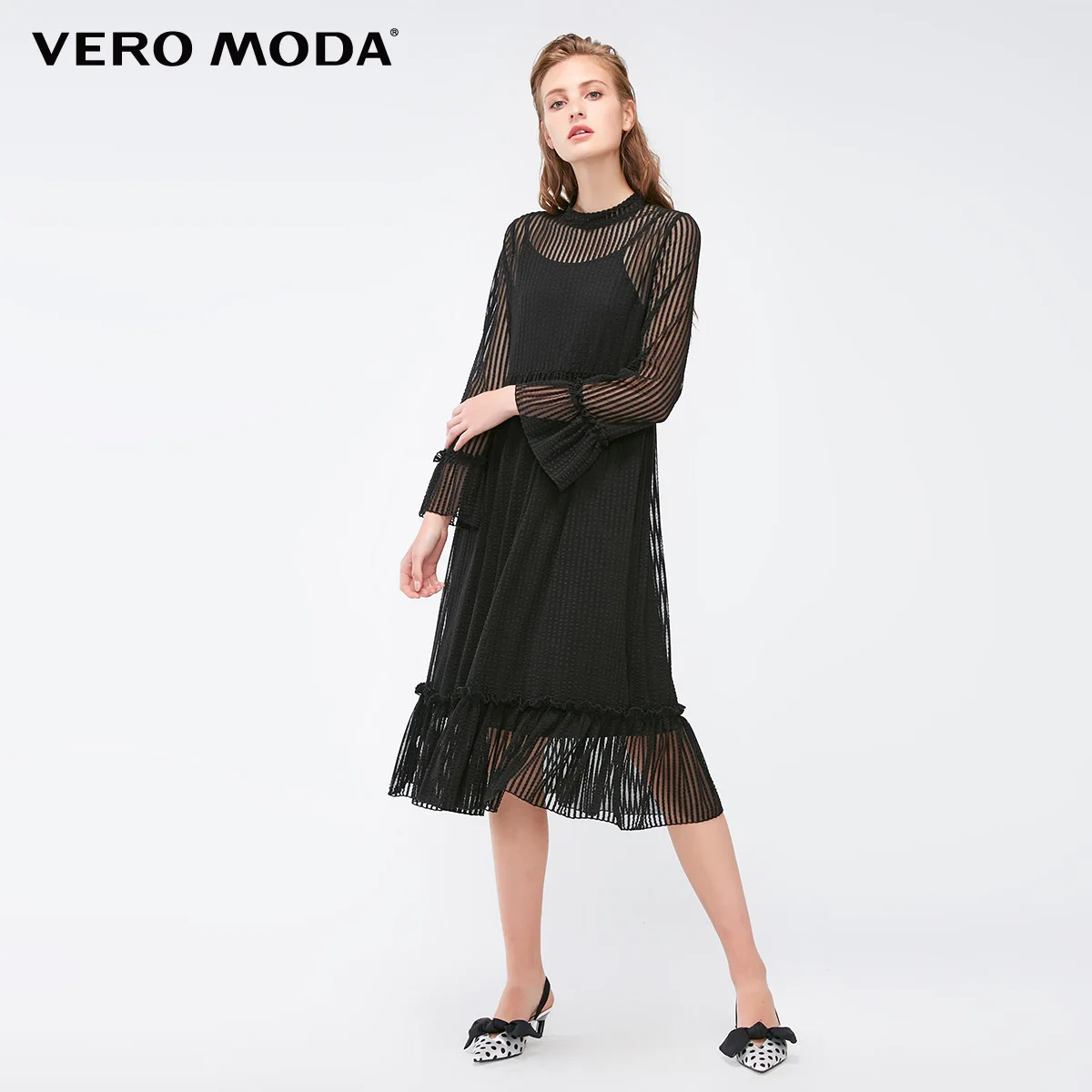 Vero Moda Новое поступление Gauzy Splice Cinched Талия круглый вырез платье | 31837D513 - Цвет: Black