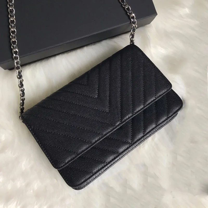 caviar silver chain Роскошные сумки для женщин из овчины шеврон дизайнерский кошелек высокое качество мини сумки через плечо бренд лоскут Икра цепь сумка woc - Color: caviar silver chain