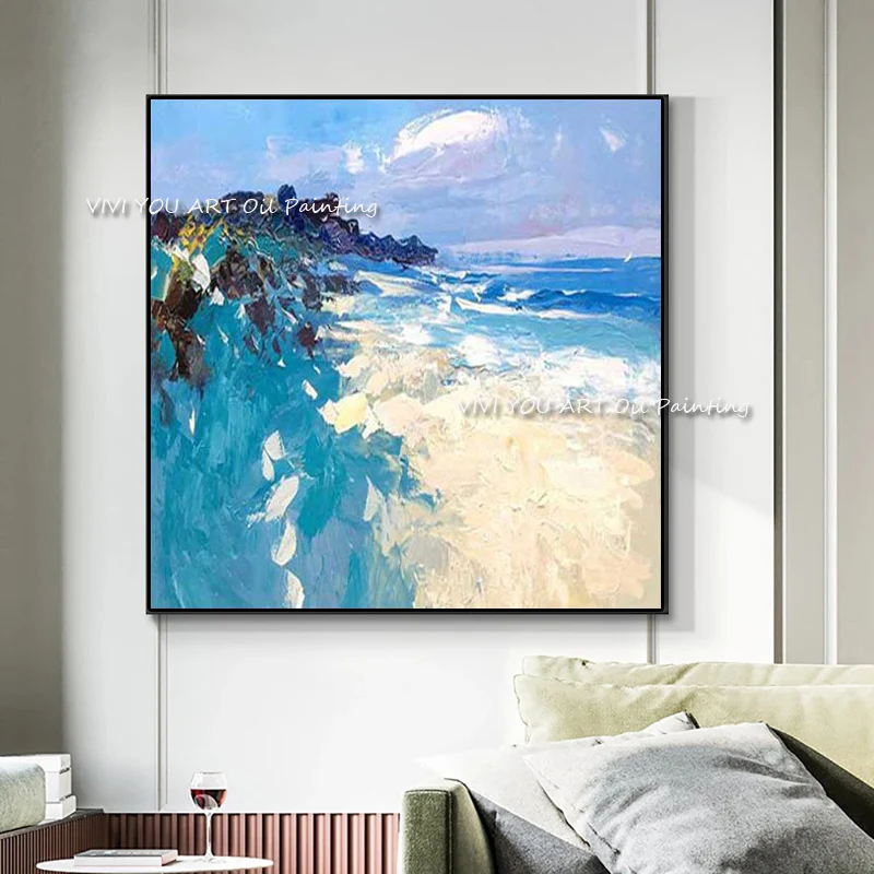 

Картина маслом синего моря ручной работы, настенное искусство, холст, Современная фотография стены для гостиной, крыльца, украшение для дома