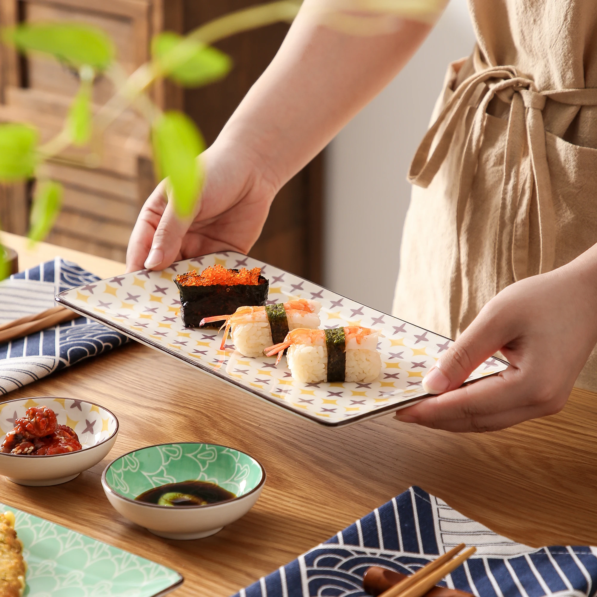 vancasso Haruka Porcelain Sushi Plate Set for 2, Japanese Style