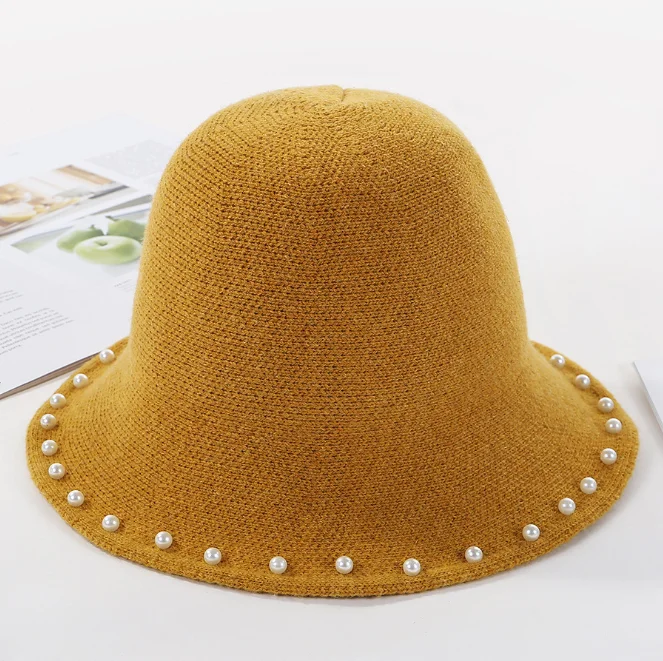 Японский жемчуг небольшой свежий литературный вязаная шапка дамы Корея Зима Теплый Дикий рыбак шляпа bts Панама - Цвет: yellow