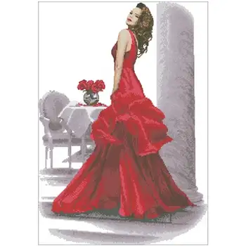 

Elegant red dress girl patterns Counted Cross Stitch 11CT 14CT 18CT DIY Chinese Cross Stitch Kits Embroidery Needlework Sets