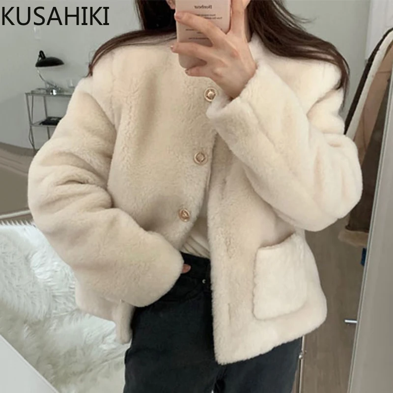 KUSAHIKI Women's Loose Thick Warm Lamb Wool Cardigan Jacket 2021 Autumn Winter Long Sleeve O-neck Fashion Coat Outwear 6N300 | Женская