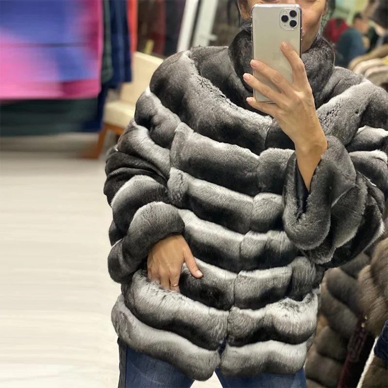 Furealux 60 см мех кролика Рекс C0oat натуральный с большим воротником пальто натуральный мех пальто куртка толстые теплые длинные Шиншилла куртки