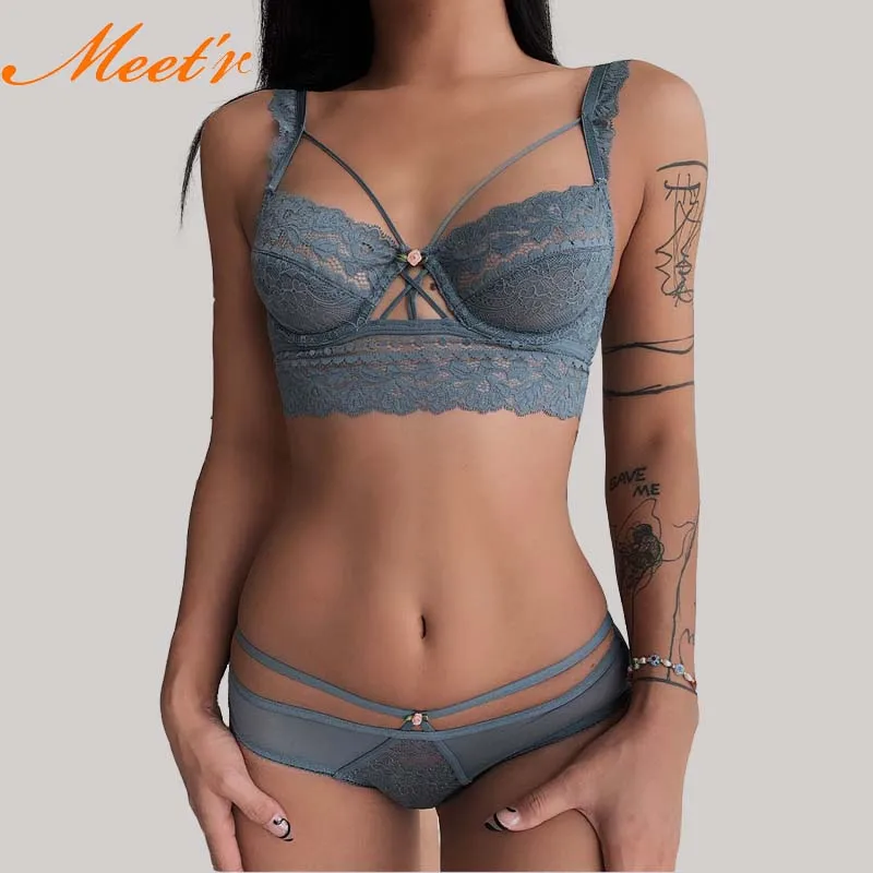 

Meet'r Classic Bandage Bra Set Lingerie Push Up Transparent Brassiere Lace Underwear Set Sexy Temptation Panties For Women