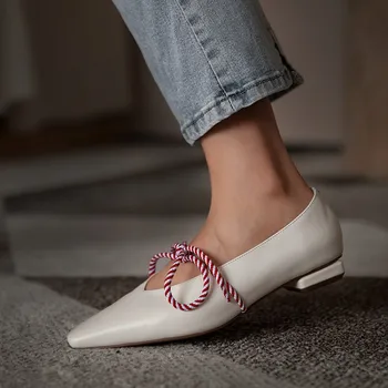 

kmeioo cowskin shoes woman casual lace-up flat shoe pointed toe boat shoes shallow basic leisure genuine leather flats