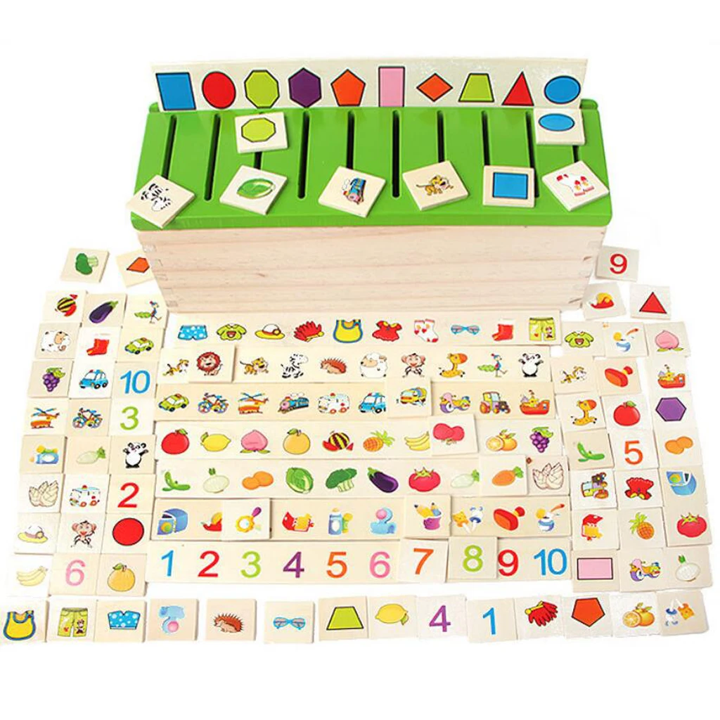 Wooden Sorting Box with Sorter Box - 8 Categories 80 Objects to Sort, Color Shape Recognitions Toy - Baby Early Educational Toy