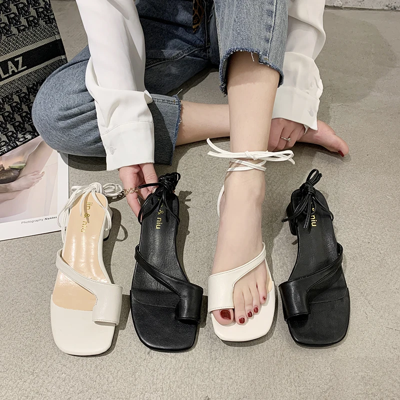 

Gladiator Sandals High Heels Women Shoes Summer Ankle Strap Square Toe Chunky Heel Sandals Rome Style clip toe Female Shoes 2020