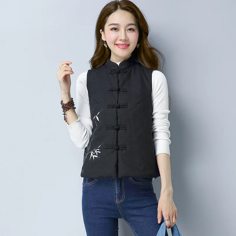 

2017 Autumn And Winter New Style Ethnic-Style WOMEN'S Dress Cotton Linen Short Printed Cotton Vest Outer Vest Have Lining