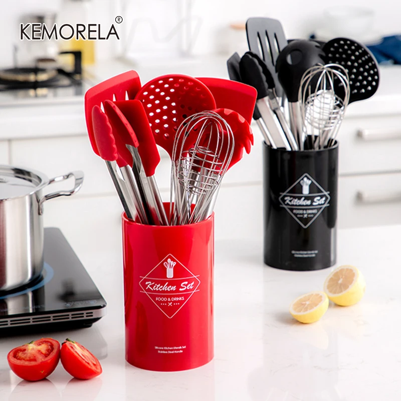 Stainless Steel+Silicone Cooking Utensil Kitchen Tools Turner Soup Spoon Strainer Pasta Server Egg Beater Spatula Food Tongs