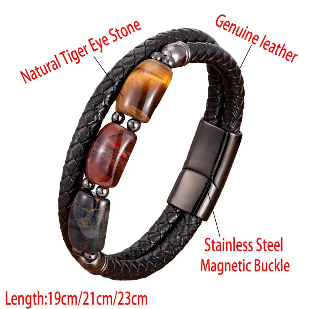 High Quality Tiger Eye Stone Bracelets For Men Geometric Natural Stone Beads Leather Rope Bangles 2020 Men’s Jewelry Accessories