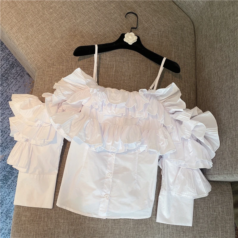 

Blouse Women 2020 Spring and Summer New Double-Layer Fungus Ruffled Off-Shoulder Top Shirt with Straps Female Top Blusas Mujer -