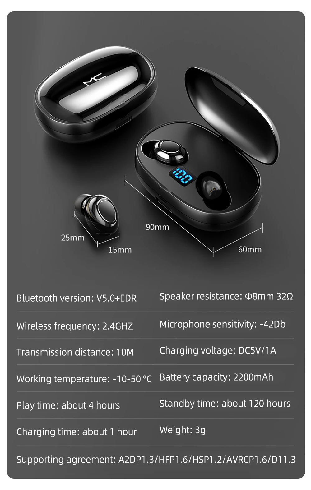 Мини TWS светодиодный Bluetooth наушники 5,0 9D стерео беспроводные наушники с шумоподавлением Bluetooth наушники с аккумулятором 2200 мАч